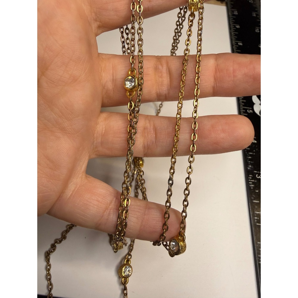 Gold Tone Bezel Set Clear Crystal Station Long Layering Necklace 36 Inch